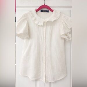 Polo by Ralph Lauren White Linen-Look Blouse with Pink Trim Sz 8